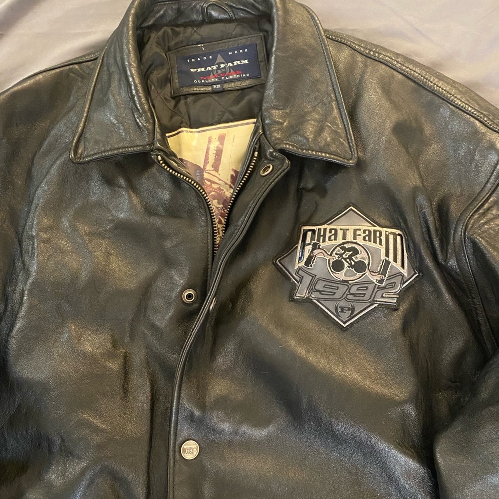 Phat Farm Mens Black Leather Zippered  Bomber biker Jacket Size 5XL